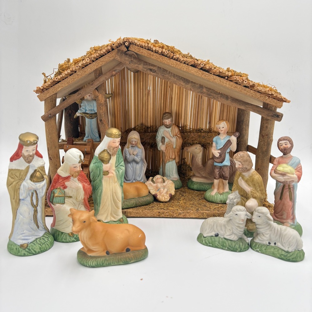 Vintage Sears Nativity Set 15 Piece Hand Painted Ceramic Manger w Stable